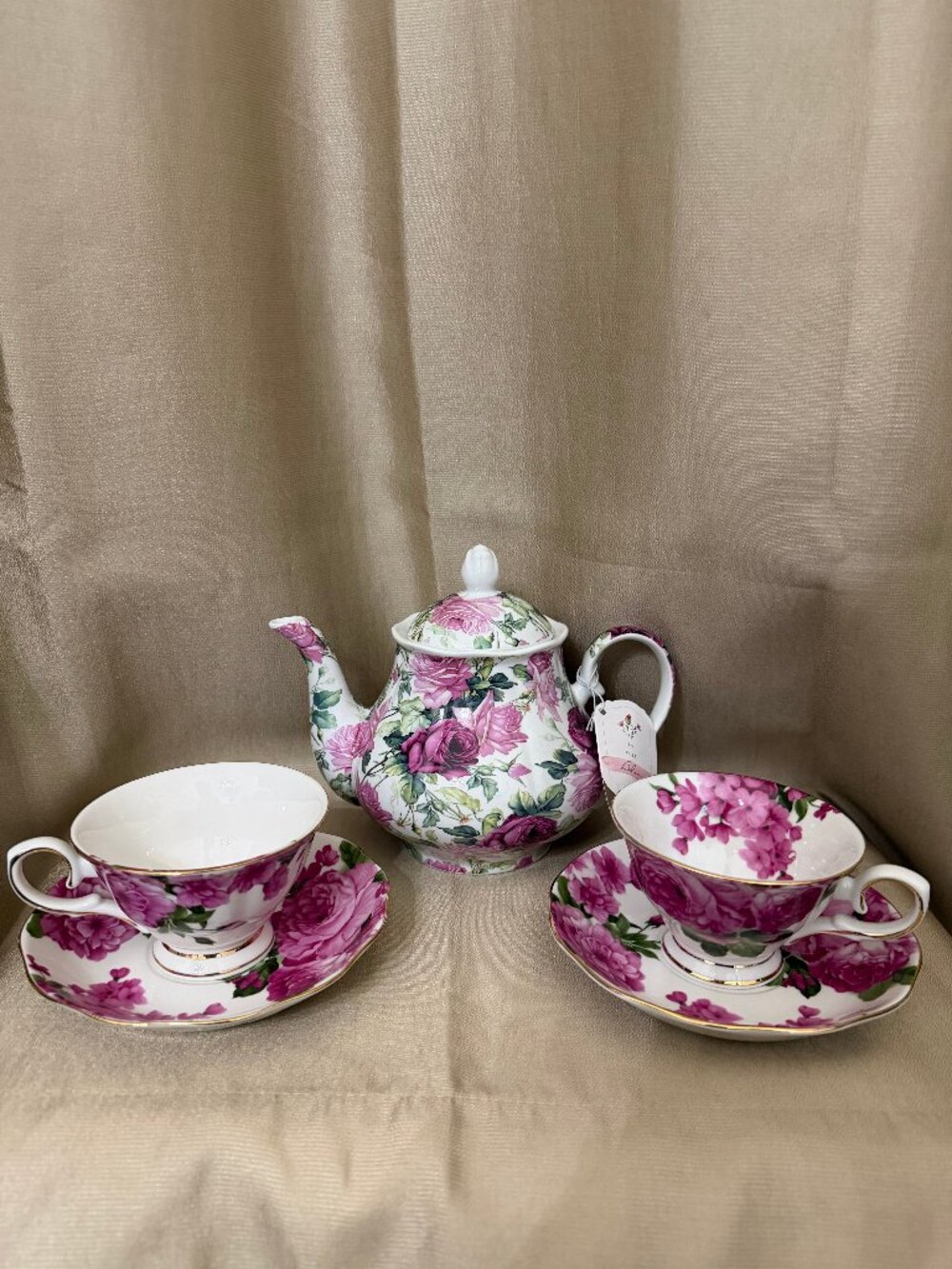 Rose Teapot And Teacups And Saucers Set